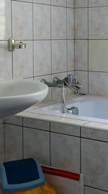 Küvetli ve lavabolu beyaz fayanslı banyo.