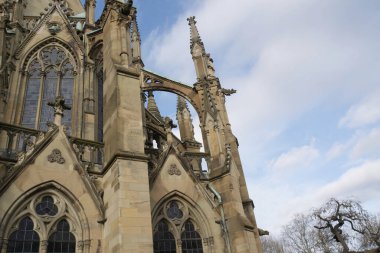 Architecture details of the Johannes Church in Stuttgart. A church built in the Neo-Gothic style. Light sandstone and many loving details make the church look like a cathedral,