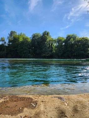 Açık mavi nehir, yeşil ağaçlar, ve güneşli bir yaz gününde çimenler..