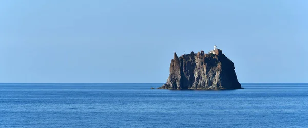 Strombolicchio Cliff Lighthouse Stromboli Volcano Calm Sea Surface Italy Europe — Stock Photo, Image