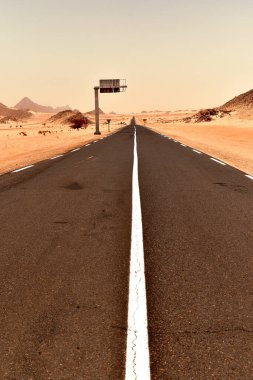 Sahra Çölü 'nde yol, uzun düz asfalt yolu, turuncu kum ve etrafındaki dağlar. 