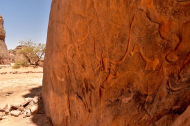 Tegharghart 'ta, Djanet, Tassili nAjjer Ulusal Parkı, Cezayir, Sahara, Afrika yakınlarındaki ağlayan bir ineğin kayası.