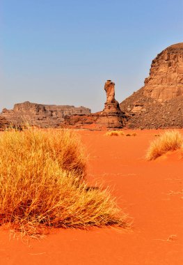 Tadrart Rouge 'da kaya oluşumları, Tassili N' Ajjer Ulusal Parkı. Sahra Çölü, kum tepeleri, portakal kumu, kayalar ve kuru otlar. Tatiller ve Cezayir 'de seyahat. Sahra, Cezayir, Afrika.
