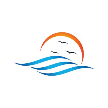 Güneş ve deniz dalgaları ikon vektör logo şablonu düz tasarım