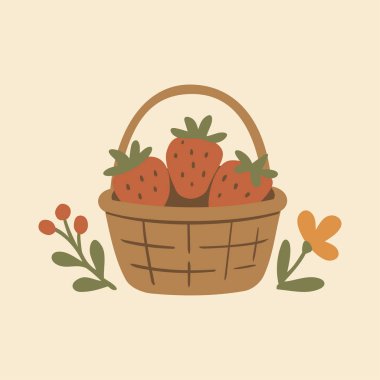 Sepet Vektörü Şablonunda Cottagecore Tema Biçimli Çilekler