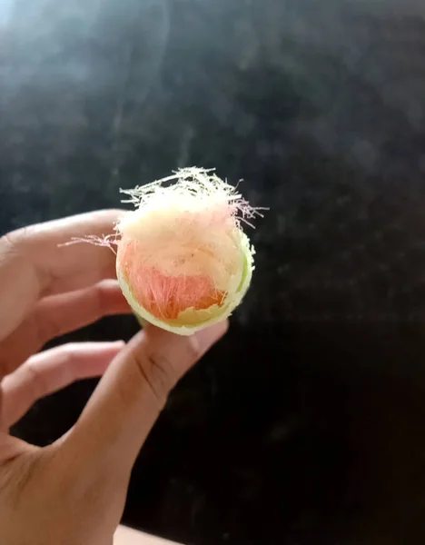 Hand hold Candy floss with roti, Thai cotton candy burrito pancake sweet food