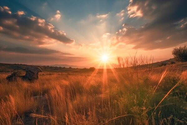Панорама лугового заката Вид: спокойный природный ландшафт Красочное небо. Летом на облачном небосводе широкое поле ржаной пшеницы. Концепция Всемирного дня окружающей среды: Зеленая энергия углеродного кредита.