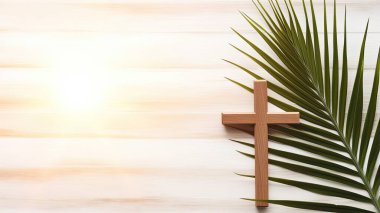 Paskalya gününden önce Kudüs 'e gelen İsa Kralı karşılamak için Palm Sunday ve Paskalya günü. Beyaz arka planda el ele tutuşmak paskalya işareti kavramı, Dünya Çevre Günü Yeşil Hindistan cevizi yaprakları