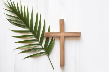 Paskalya gününden önce Kudüs 'e gelen İsa Kralı karşılamak için Palm Sunday ve Paskalya günü. Beyaz arka planda el ele tutuşmak paskalya işareti kavramı, Dünya Çevre Günü Yeşil Hindistan cevizi yaprakları