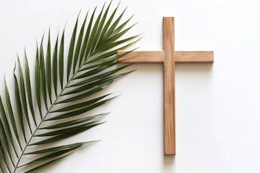 Paskalya gününden önce Kudüs 'e gelen İsa Kralı karşılamak için Palm Sunday ve Paskalya günü. Beyaz arka planda el ele tutuşmak paskalya işareti kavramı, Dünya Çevre Günü Yeşil Hindistan cevizi yaprakları