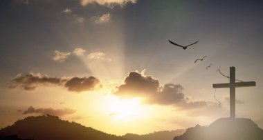 Günbatımı, ibadet, Noel, Paskalya, İsa 'nın Silüeti Şükran Günü duası ve şükran duası konsepti üzerine Haçlı İsa' nın Silüeti