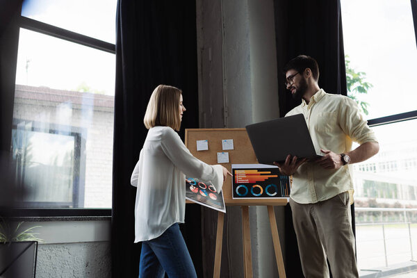 Вид сбоку молодого рабочего, указывающего на графики рядом с бизнесменом с ноутбуком в офисе 