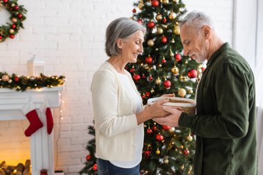 Gülümseyen orta yaşlı çift süslü Noel ağacının yanında hasır sepeti tutuyor.