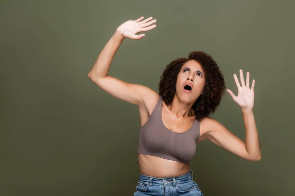 Scared African American Woman Top Looking Away While Gesturing Isolated — Stock Photo, Image