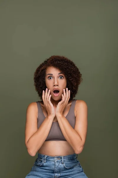 Shocked African American Woman Top Looking Camera Isolated Green — Stock Photo, Image