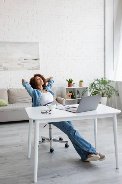 Pleased African American Woman Closed Eyes Resting Workplace Home — Stock Photo, Image