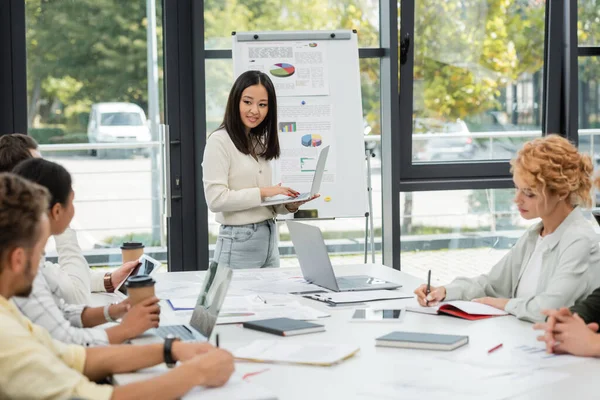 Young Asian Businesswoman Standing Laptop Flip Chart Graphs Interracial Colleagues — Stock Photo, Image