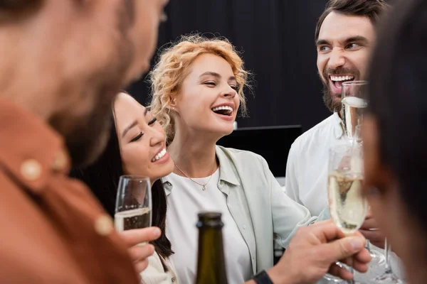 Excited Interracial Business People Toasting Champagne Office — Stock Photo, Image