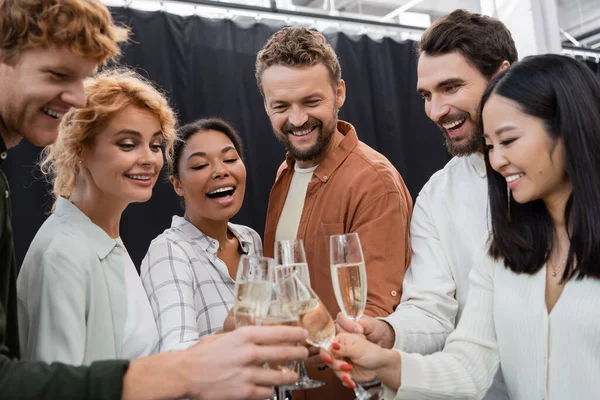 Multicultural Business People Clinking Blurred Champagne Office — Stock Photo, Image