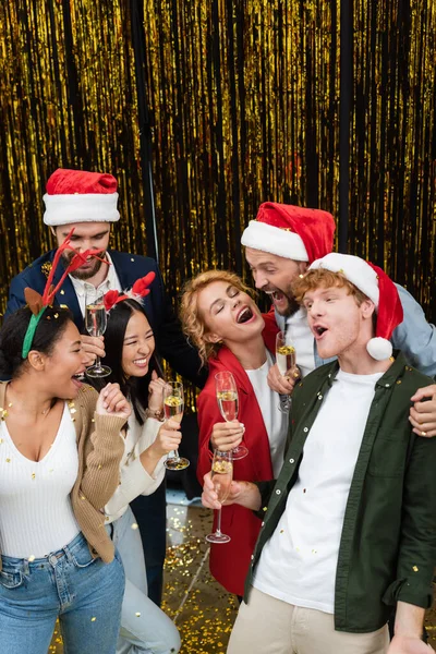 High Angle View Excited Multiethnic Business People Champagne Dancing Tinsel — Stock Photo, Image