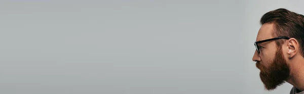 Вид Сбоку Бородатую Модель Очках Отводящих Взгляд Сторону Сером Баннере — стоковое фото