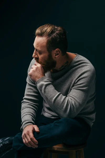 Side View Stylish Tattooed Man Grey Jumper Sitting Chair Isolated — Stock Photo, Image