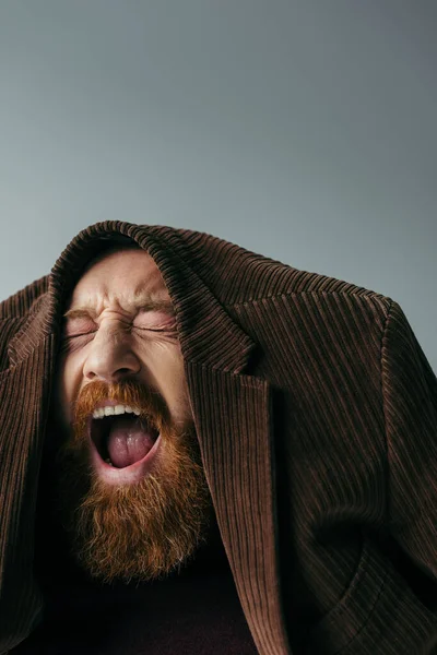 stock image bearded man with closed eyes and brown blazer on head screaming isolated on grey 