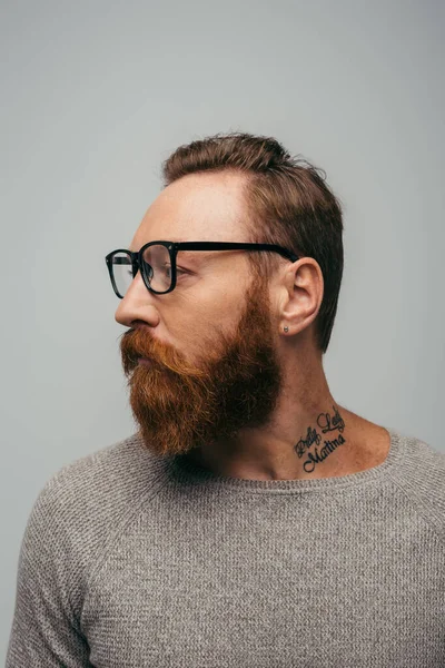stock image bearded and tattooed man in long sleeve and eyeglasses isolated on grey 