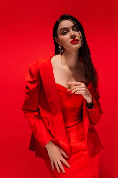 Ładny Elegancki Model Brunetka Kurtce Pozowanie Patrząc Aparat Odizolowany Czerwono — Zdjęcie stockowe