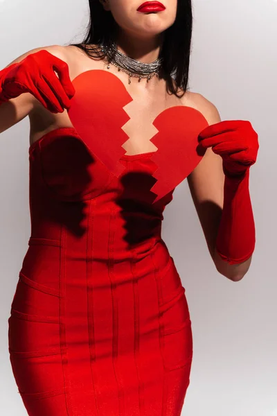 Cropped View Upset Stylish Woman Red Dress Holding Broken Paper — Stock Photo, Image