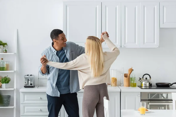 Smiling African American Man Dancing Young Blonde Girlfriend Kitchen — Stock Photo, Image