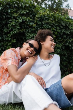 Güneş gözlüklü şık Afro-Amerikan lezbiyen kadın yeşil parkta otururken mutlu kız arkadaşına yaslanıyor.