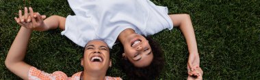 top view of positive african american lesbian women holding hands and lying on grass, banner  clipart