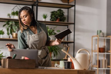 Önlüklü şık Afrikalı Amerikalı kadın elinde not defteri, elinde saksılarla dizüstü bilgisayarın yanındaki kutuya bakıyor.