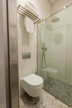 interior of modern white bathroom with white toilet near glass door and shower 