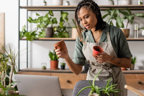 Stylish African American Woman Showing Flowerpots Video Call Laptop Flower — Stock Photo, Image