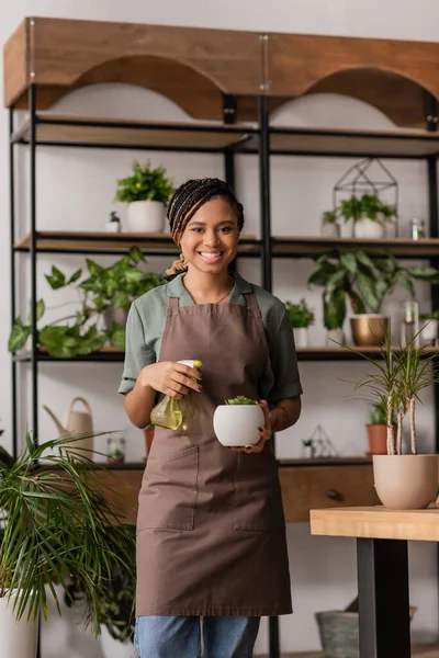 stock image cheerful african american florist in apron holding spray bottle and potted plant while looking at camera in flower shop