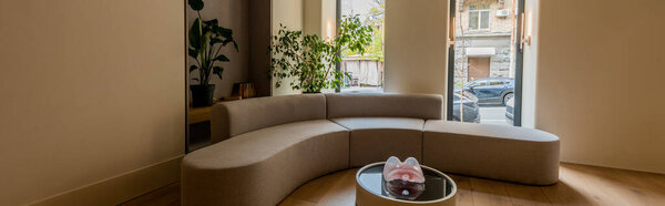 современный диван и журнальный столик рядом с зелеными растениями в роскошном отеле, баннер 