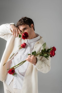 fashionable man in white shirt and jacket obscuring face with red rose and looking at camera isolated on grey