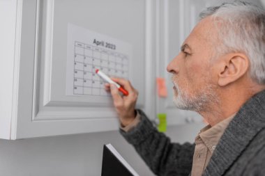 side view of aged man with alzheimer syndrome pointing with felt pen at calendar in kitchen