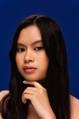 Portrait of young asian woman looking at camera isolated on blue 