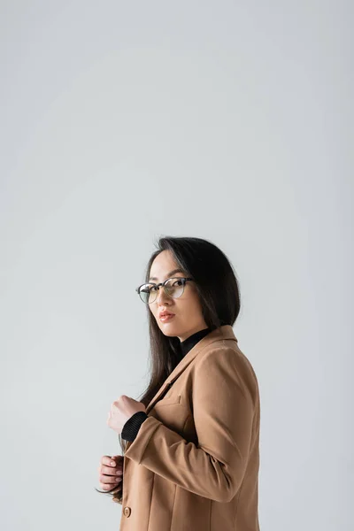 Young Asian Woman Glasses Blazer Looking Camera Isolated Grey — Foto Stock