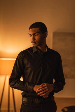 Esmer, Afro-Amerikalı, siyah şık elbiseli, aydınlık lambayla karanlık odada duruyor.