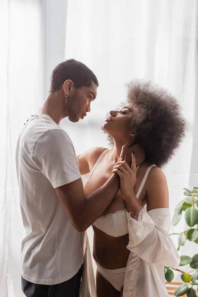 Side View Sexy African American Couple Embracing While Looking Each — Stockfoto