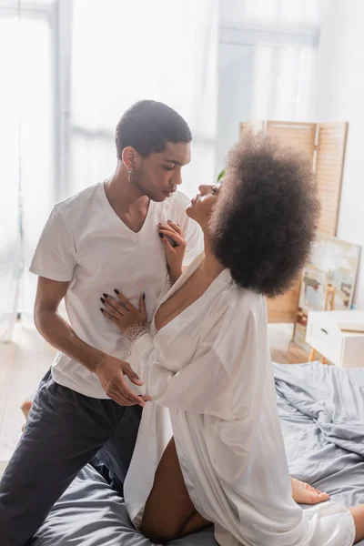 Young Passionate African American Couple Looking Each Other Bed Home — Stockfoto