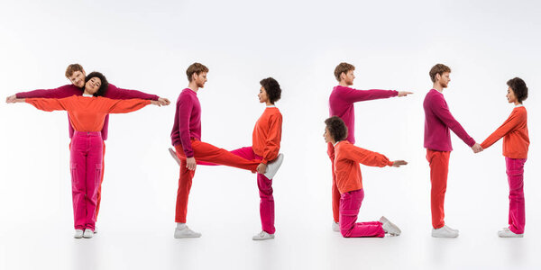 коллаж межрасовой пары в пурпурной одежде цвета показывая им слово на белом фоне 