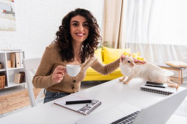 Smiling copywriter holding cup and looking at camera near oriental cat and devices on table 