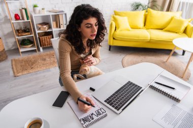 Copywriter writing on notebook near devices and holding oriental cat at home 