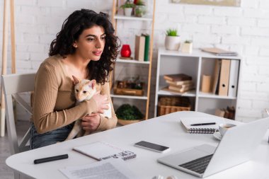 Brunette woman holding oriental cat near gadgets and notebooks at home 
