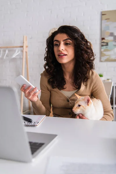 Copywriter Holding Cellphone Oriental Cat Blurred Laptop Home — Stockfoto